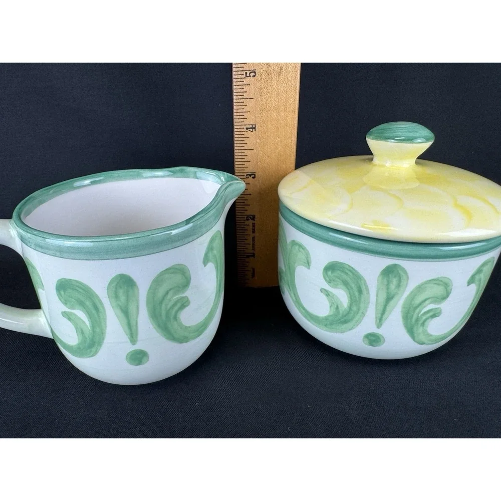 Villeroy & Boch Switch Summerhouse Creamer & Sugar Bowl Set Yellow Plaid/ Green